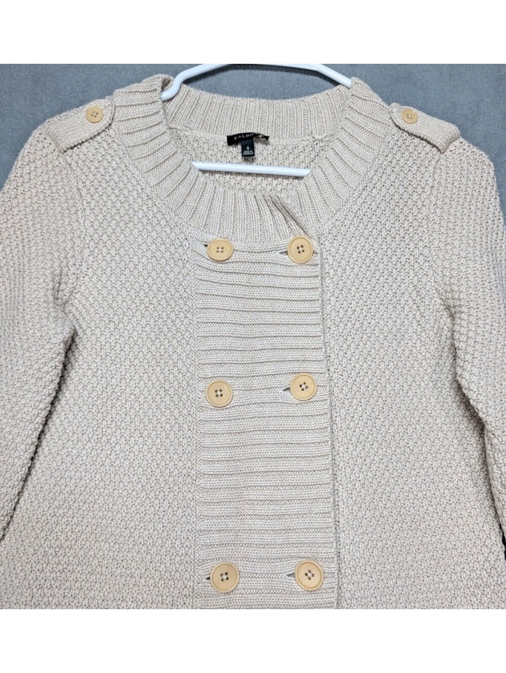 Talbots Womens Small Beige Long Cardigan Sweater Button Front Chunky Knit Preppy